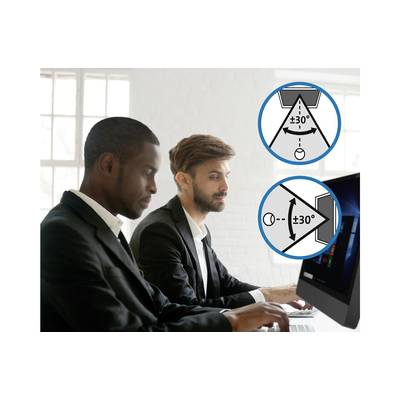 Twee personen in pakken werken aan computers. Twee symbolen geven de optimale kijkhoek voor het scherm aan: ±30° horizontaal en verticaal.