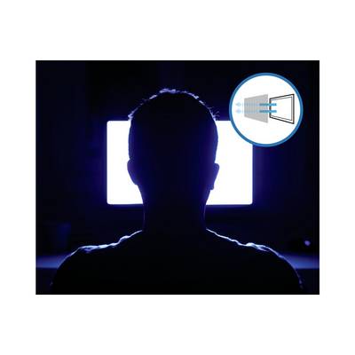 Silhouet van een persoon voor een helder scherm. Een symbool rechtsboven toont een rechthoek waaruit blauwe pijlen vertrekken.
