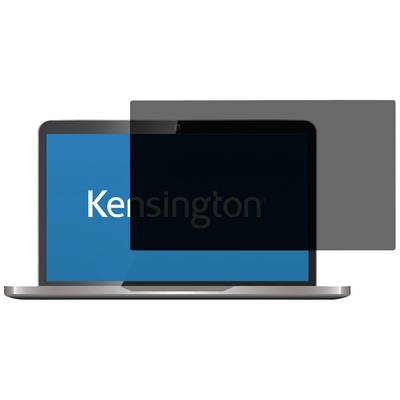 Een laptop met het opschrift 'Kensington' op het scherm. Een grijze privacyfilter bedekt gedeeltelijk het scherm.