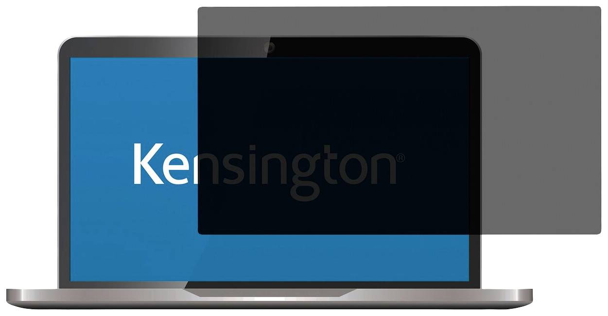 Laptop met een zichtbaar privacyfilter dat het scherm verduistert. Het beeldscherm toont 'Kensington'. Het filter bedekt gedeeltelijk het scherm.