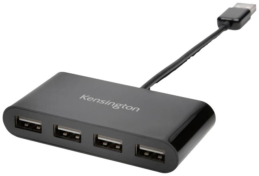 USB-hub met vier poorten en één kabel. Het merk 'Kensington' is zichtbaar aan de bovenkant. Ideaal voor het aansluiten van meerdere apparaten.