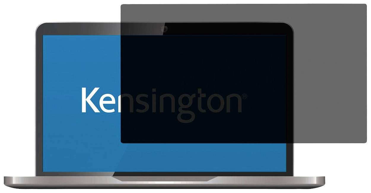 Laptop met geopende schermkap, toont de naam 'Kensington' op een blauw scherm. Beschermt tegen ongewenste blikken.