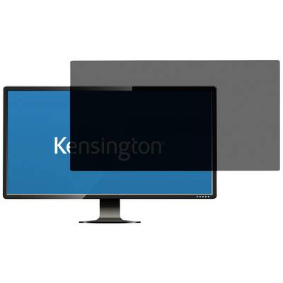 'Monitor met privacyscherm: Beeldscherm toont blauwe oppervlakte met de tekst "Kensington". Half zichtbaar aan de kant van de gebruiker.'