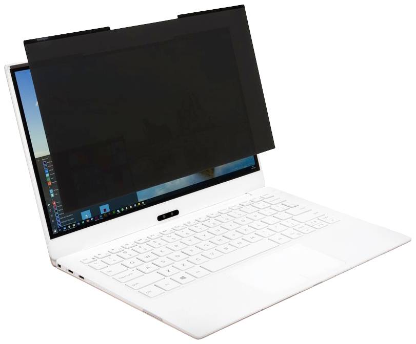 Een witte laptop met een zwart privacyscherm dat alleen zichtbaar is bij rechtstreekse inkijk.