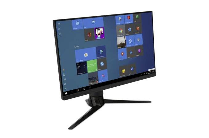 Een moderne monitor met een zwarte rand toont een Windows-bureaublad met verschillende toepassingspictogrammen en een blauwe achtergrond.