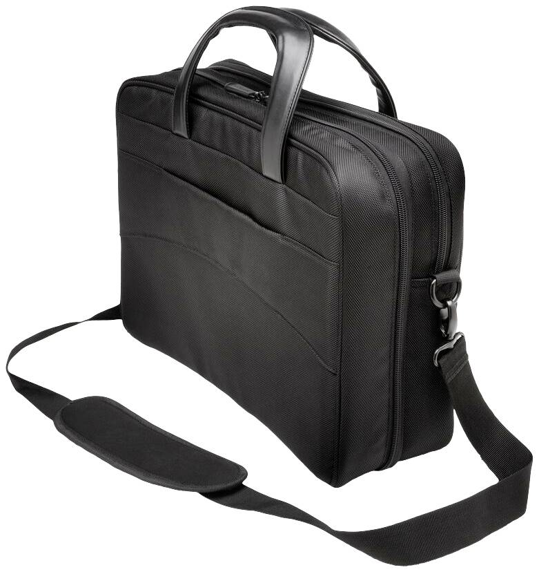 Zwarte laptoptas met handgrepen en schouderband, meerdere vakken, robuust ontwerp, geschikt voor het vervoeren van computers.