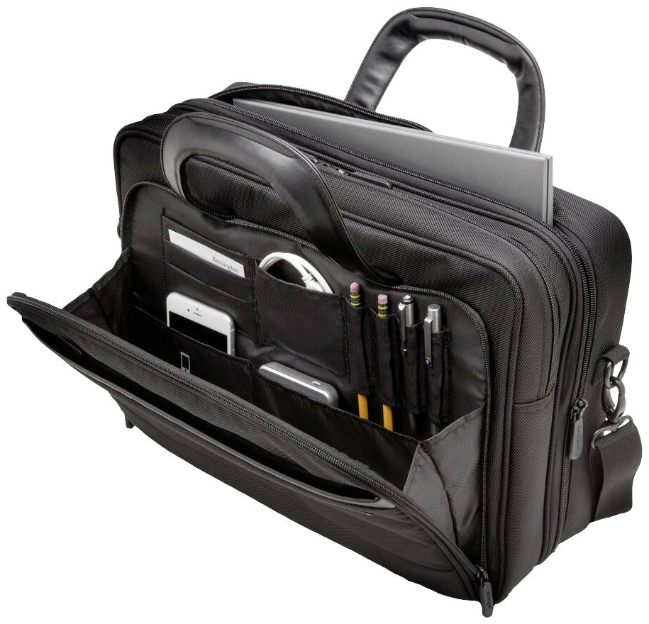 Zwarte laptoptas geopend, toont vakken met schrijfpennen, smartphone, notitieboek en laptop, klaar voor transport.