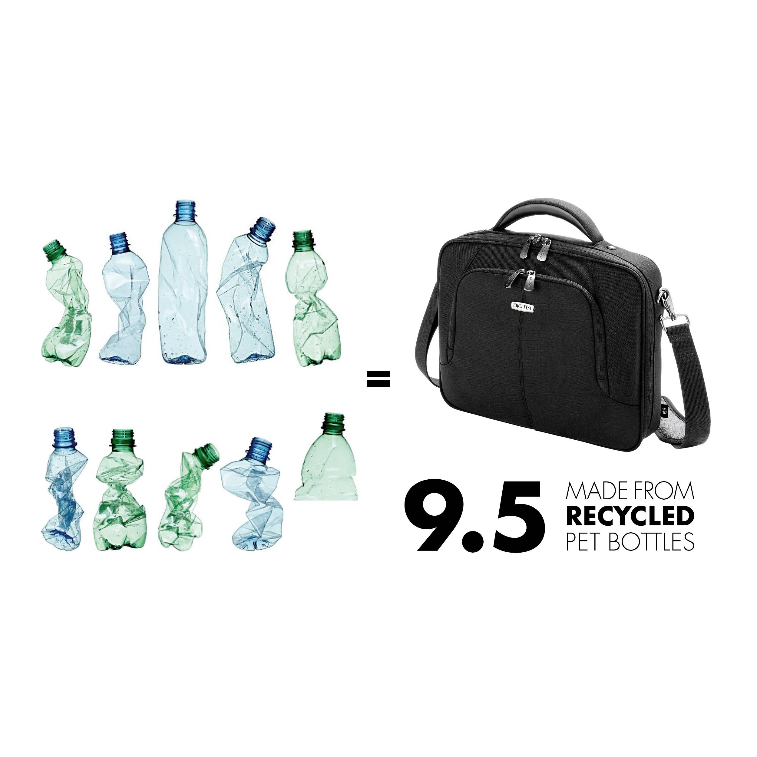 'Acht gekreukelde plastic flessen vormen een zwarte schoudertas. Tekst: 9,5 gemaakt van gerecyclede PET-flessen.'