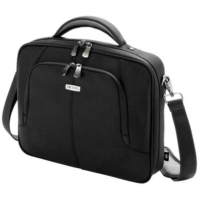 Zwarte laptoptas met handgreep, dubbele rits en afneembare schouderband, geschikt voor het vervoeren van laptops en toebehoren.