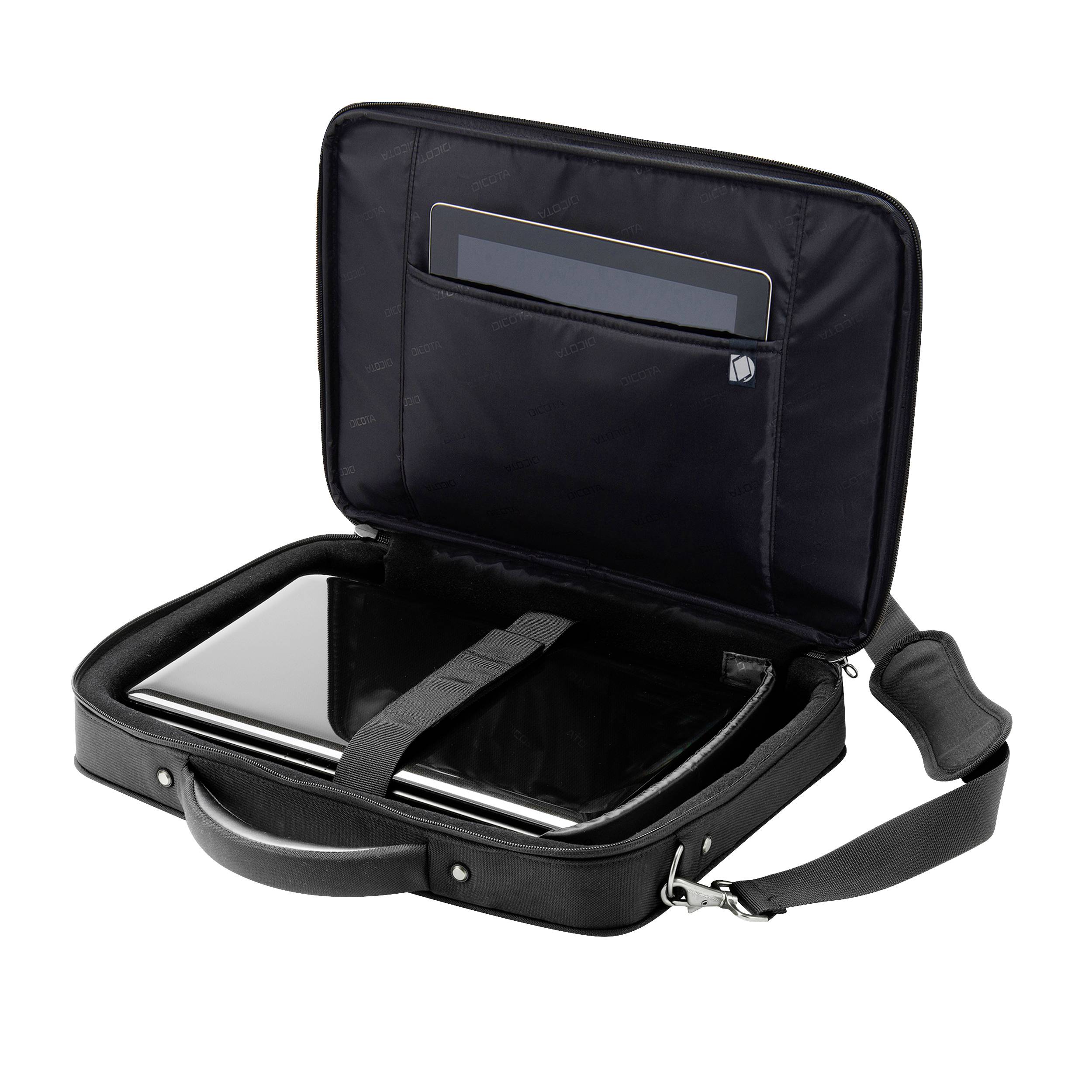 Een open zwarte laptoptas met een laptop in het hoofdvak en een tablet in een binnenvak.