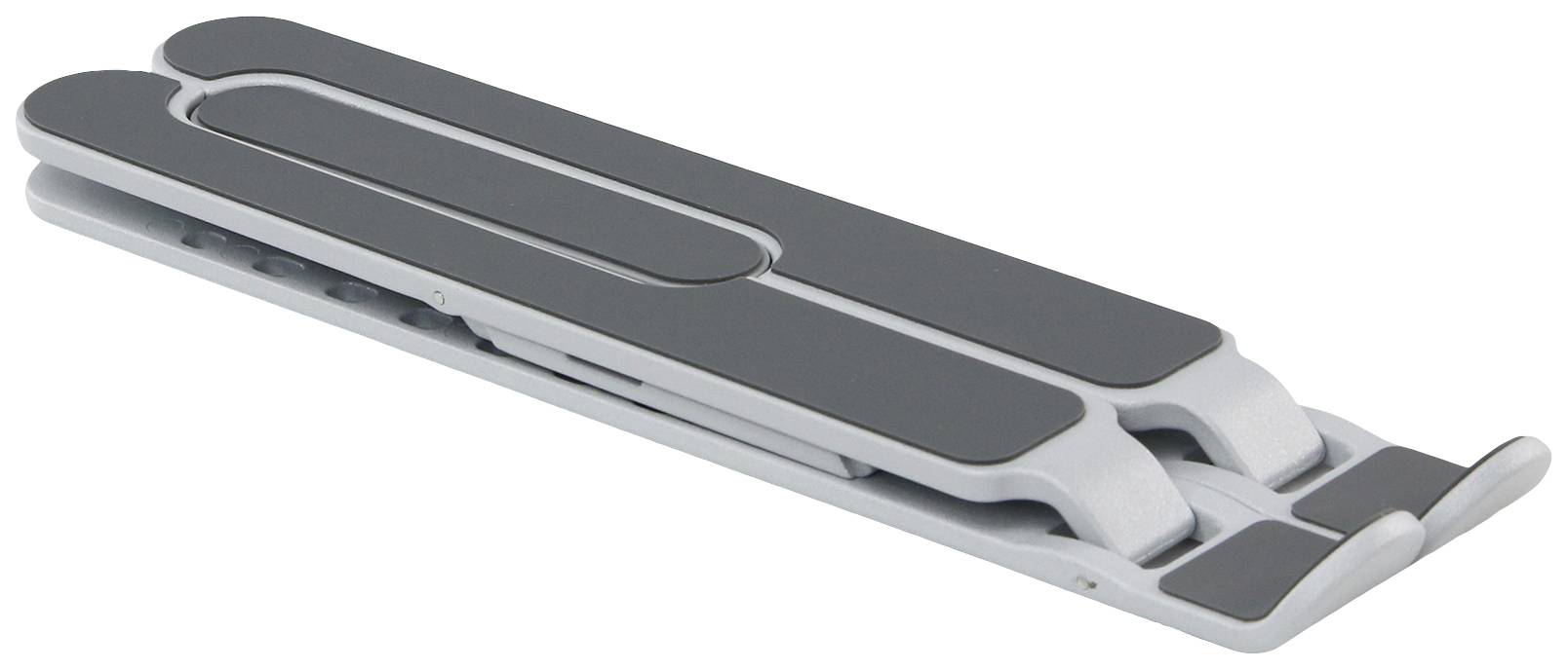 Een compacte, opvouwbare laptopstandaard, zilverkleurig met zwarte rubberen kussentjes, op een witte achtergrond.