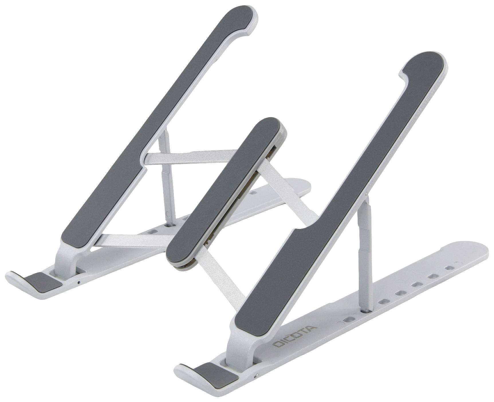 Metalen laptopstandaard met verstelbare hoek en antislip rubberen strips, ideaal voor het verbeteren van de ergonomie tijdens het werken.