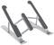 Een opvouwbare laptopstandaard van metaal, grijs en zwart, met verstelbare hoeken voor ergonomisch gebruik.