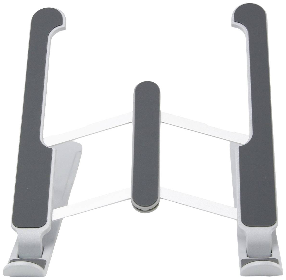 Een verstelbare laptopstandaard van metaal in zilver met zwart rubber op de steunen. Ideaal voor het verbeteren van de laptophoogte.