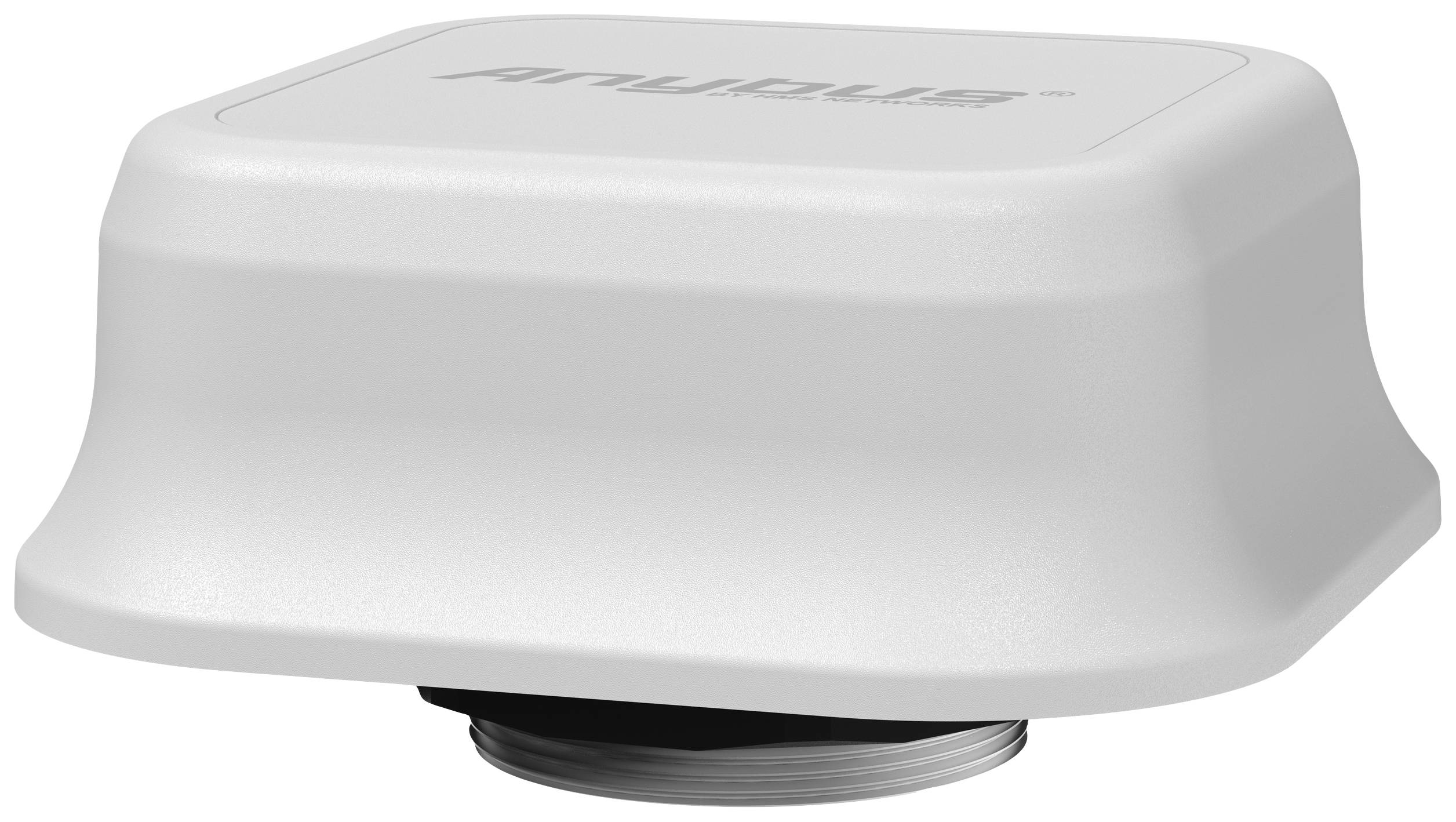 Een rechthoekig, wit elektronisch apparaat met afgeronde hoeken, waarschijnlijk een soort antenne of sensor.