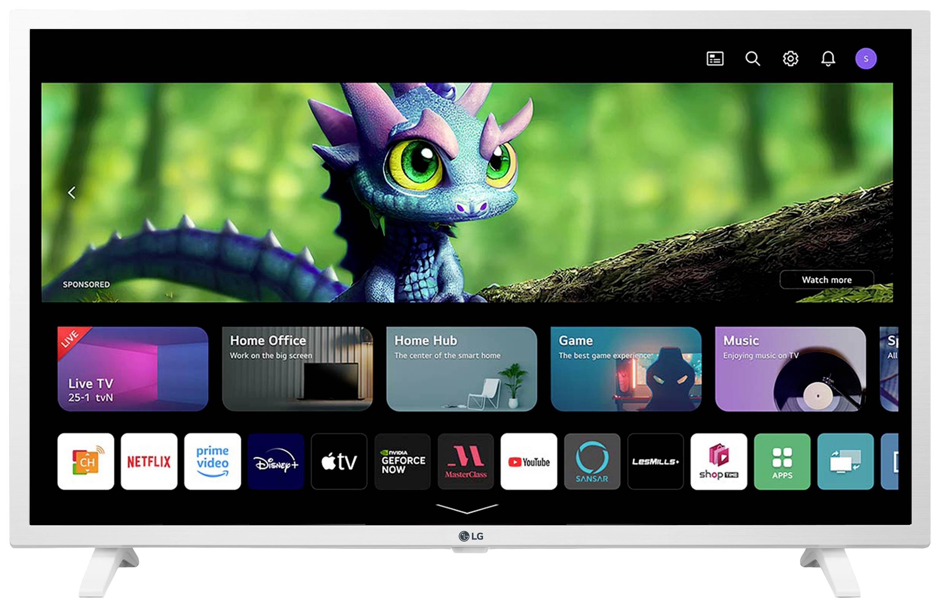 Een televisie toont een kleurrijk reptiel op een tak. De gebruikersinterface eronder toont apps zoals Netflix, Prime Video en YouTube.