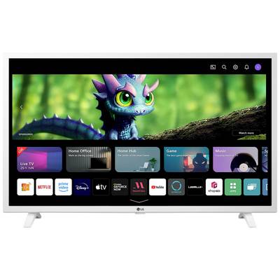 Een televisie toont een kleurrijk reptiel op een tak. De gebruikersinterface eronder toont apps zoals Netflix, Prime Video en YouTube.