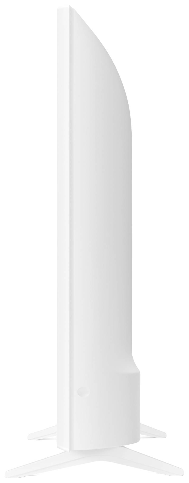 Een witte televisie, gezien van opzij, laat de slanke constructie zien. De monitor staat op een platte, stervormige voet.