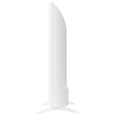 Een witte televisie, gezien van opzij, laat de slanke constructie zien. De monitor staat op een platte, stervormige voet.