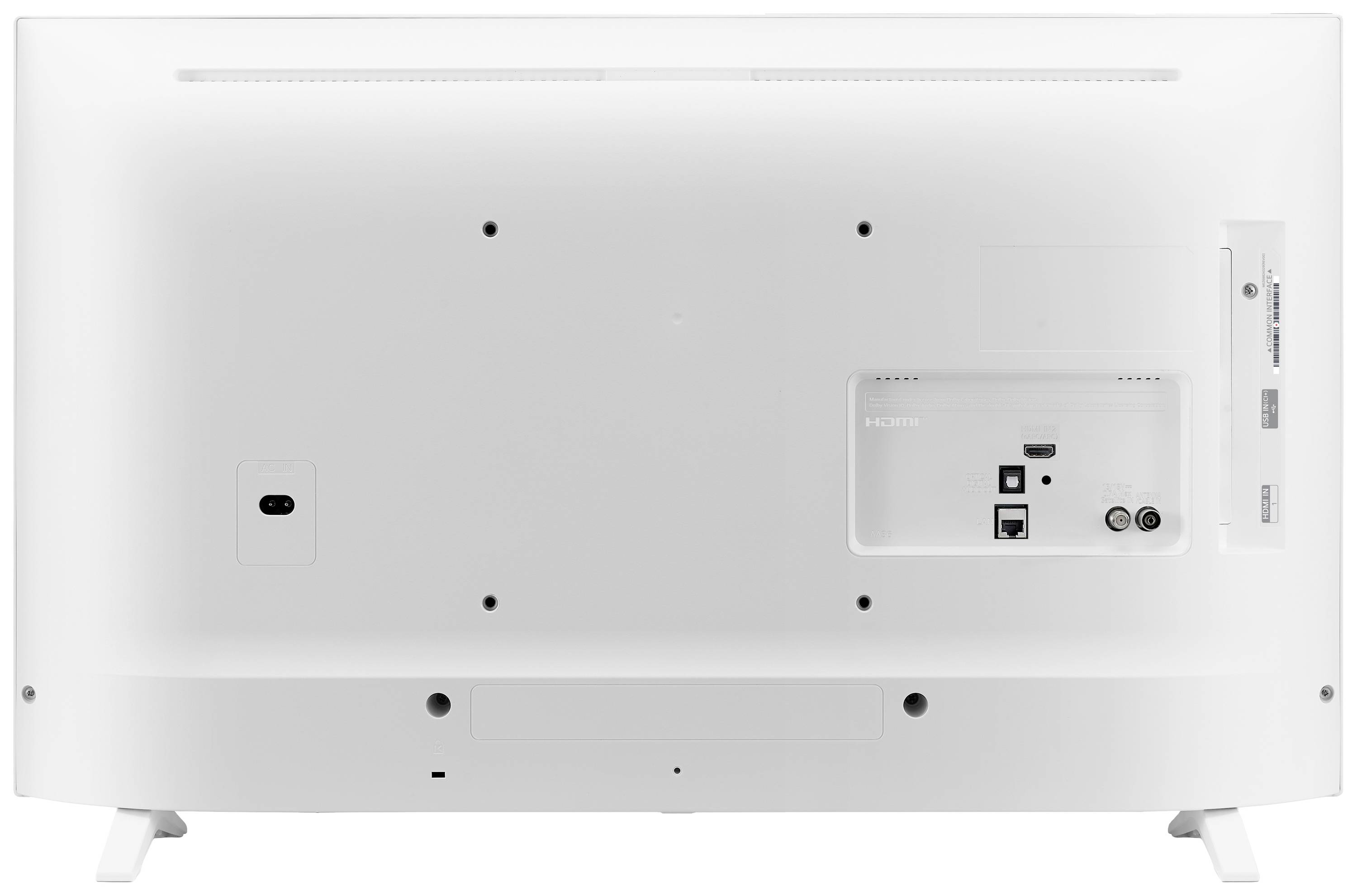 Achterkant van een televisie met aansluitingen voor HDMI, USB en netwerk. Bevat ook audio- en stroomaansluitingen.