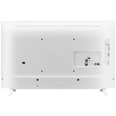 Achterkant van een televisie met aansluitingen voor HDMI, USB en netwerk. Bevat ook audio- en stroomaansluitingen.