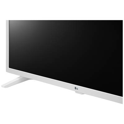 Flatscreen-tv met witte rand, scherm zwart, gedeeltelijk zicht. Merk herkenbaar onderaan de rand.