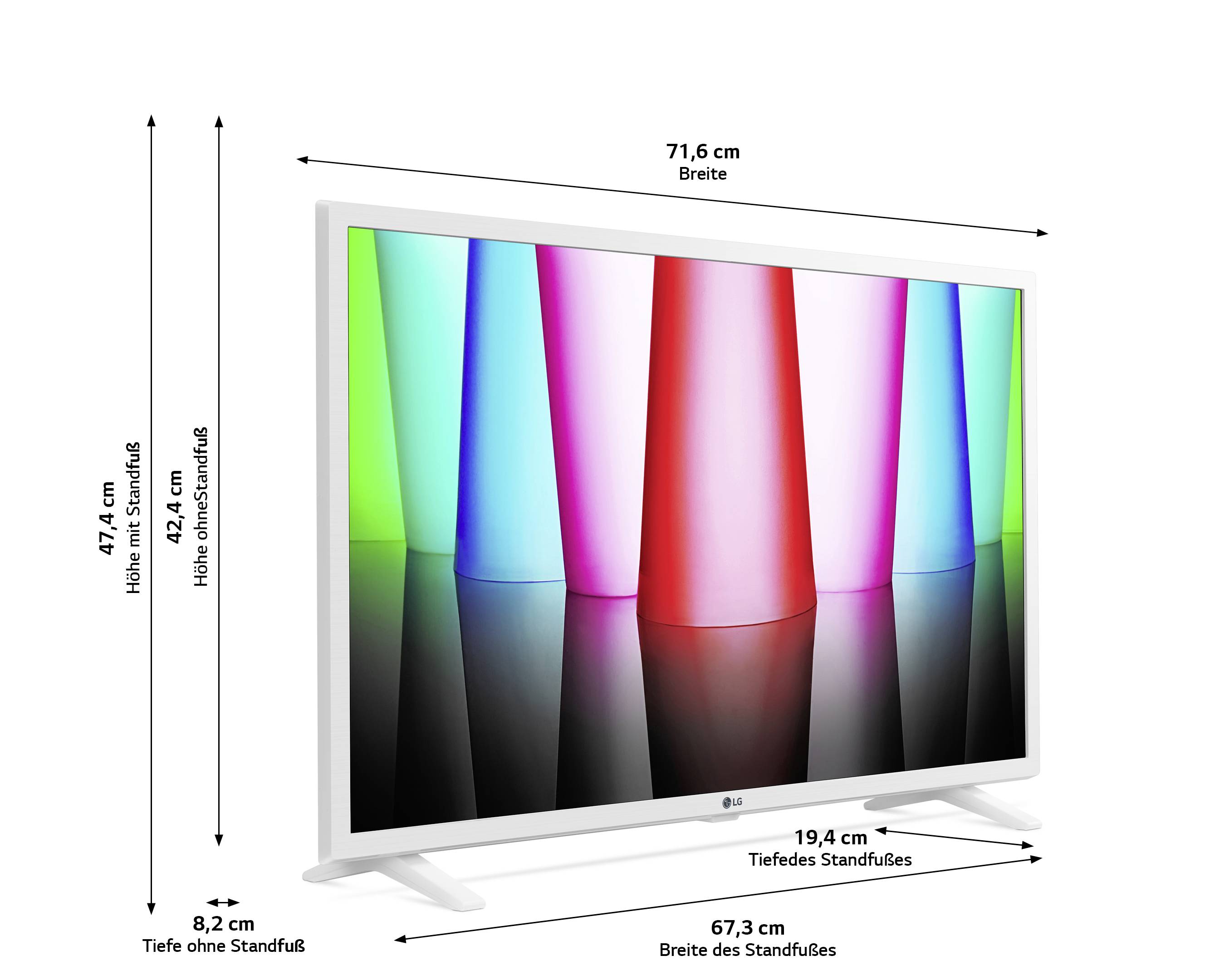 Een witte televisie met een scherm in kleurrijke verticale strepen. Afmetingen: 71,6 cm breed, 47,4 cm hoog. Breedte van de voet: 67,3 cm.