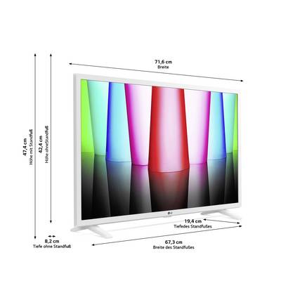 Een witte televisie met een scherm in kleurrijke verticale strepen. Afmetingen: 71,6 cm breed, 47,4 cm hoog. Breedte van de voet: 67,3 cm.