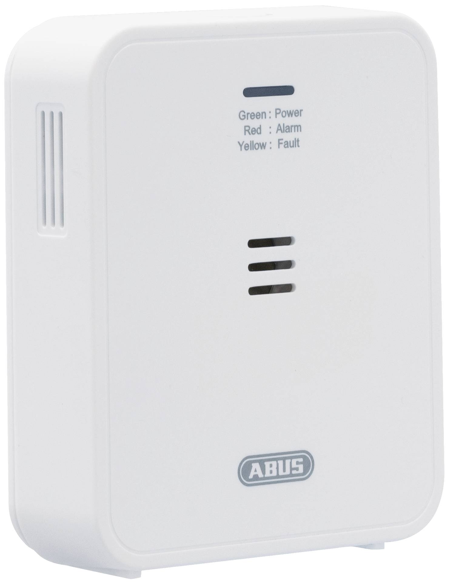 Een witte gasdetector met drie statuslampjes: groen voor stroom, rood voor alarm en geel voor storing. Markering: 'ABUS'.