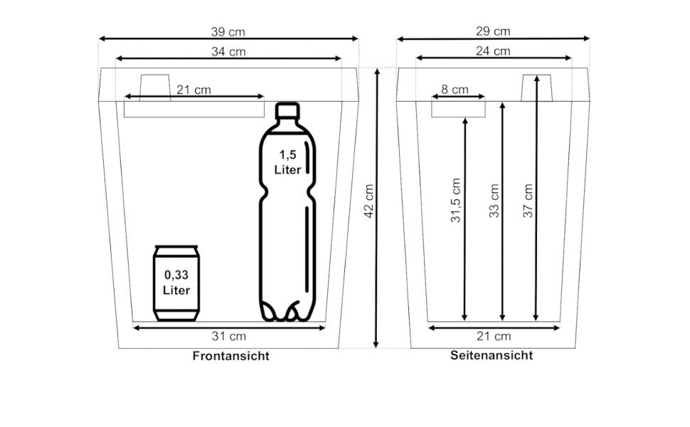 Afbeelding van een container met twee aanzichten. In de vooraanzicht staat een 0,33-liter blik en een 1,5-liter fles. Afmetingen zijn gemarkeerd.