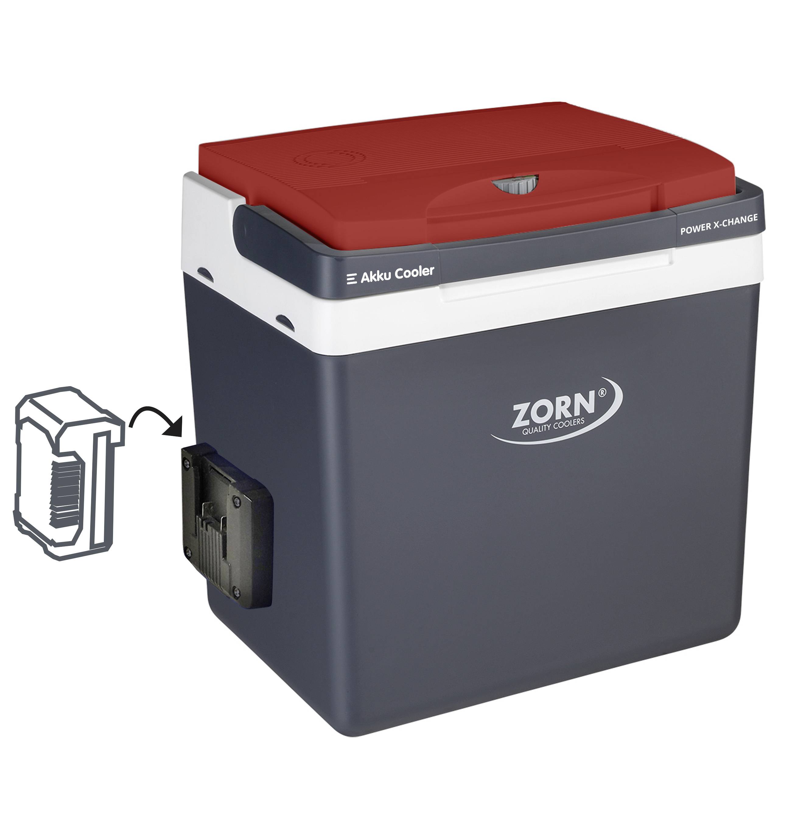Koelbox met logo 'Zorn'. Rechtsboven bevindt zich een rode deksel. Aan de zijkant zit een sleuf voor een verwijderbare accu.
