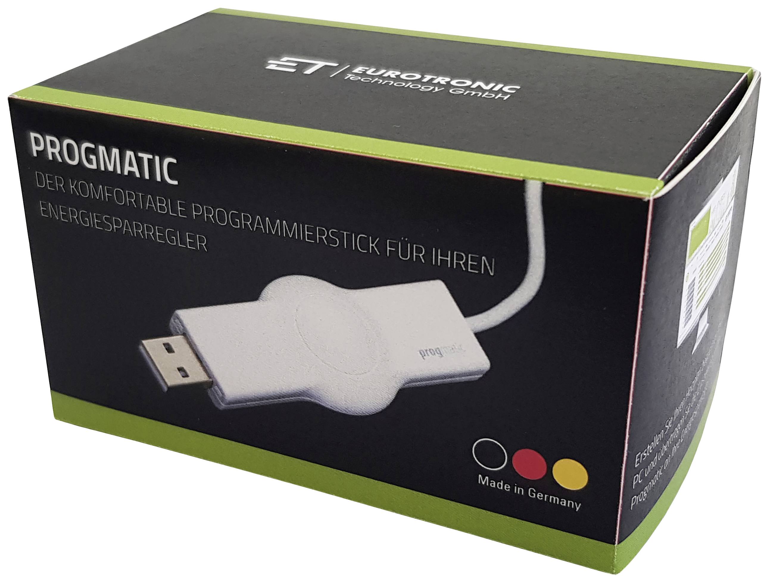 Verpakking van een programmeersleutel met het opschrift 'ProgMatic', USB-apparaat voor het besturen van energiebesparingsregelaars. Geproduceerd in Duitsland.