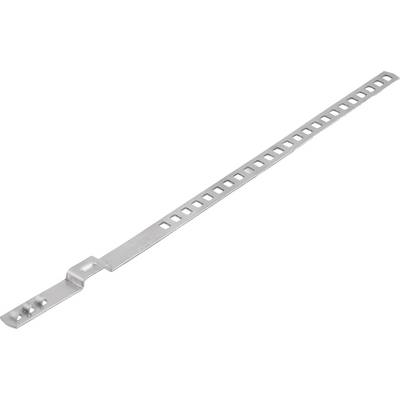 Metalen strippen met vierkante gaten en kleine bevestigingselementen aan het uiteinde, waarschijnlijk bedoeld voor beveiliging of montage.