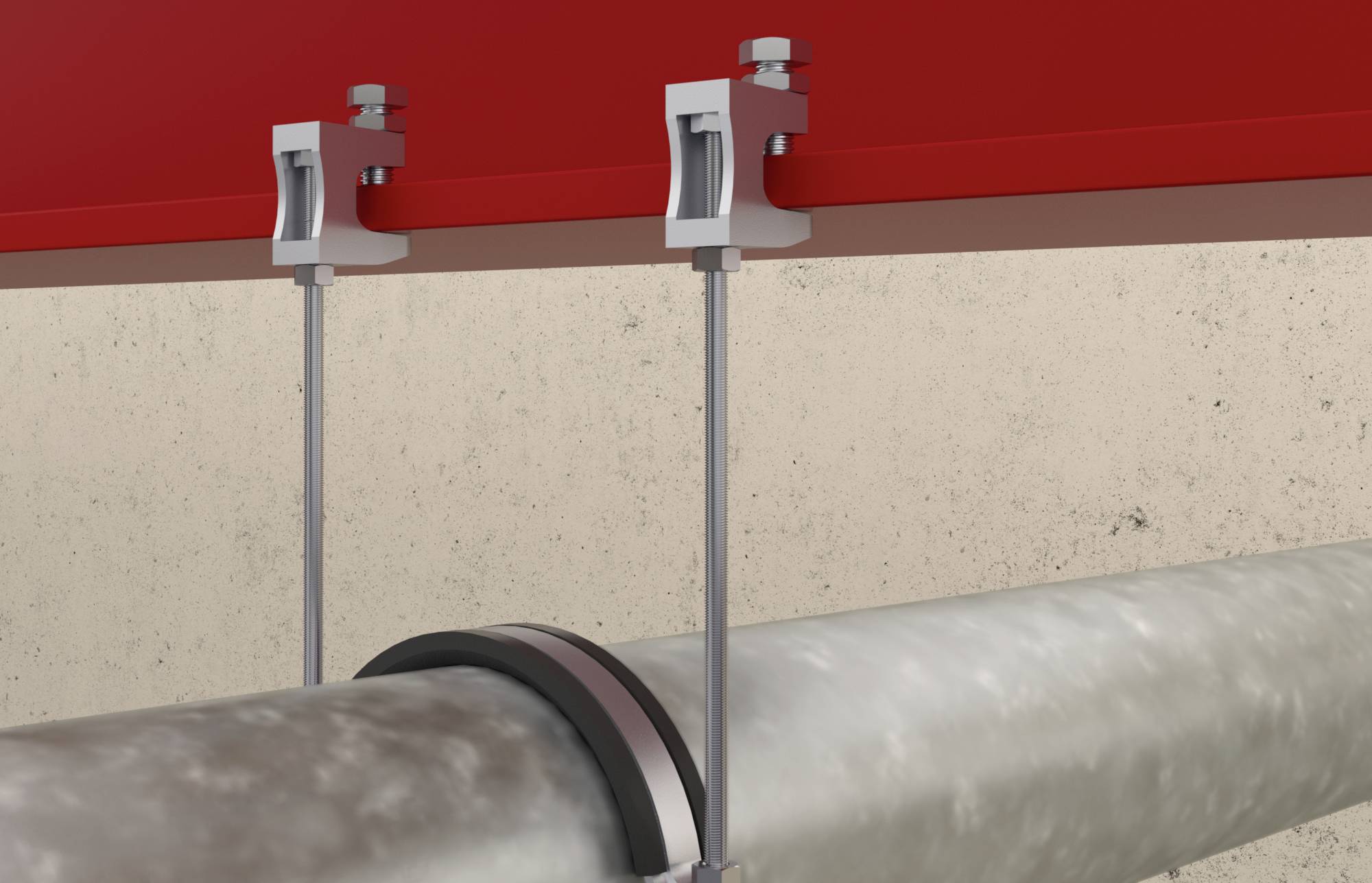 Een metalen buisleiding is met twee bevestigingsbeugels aan het plafond vastgemaakt. Een zwarte afdichtingsring omringt de buis.