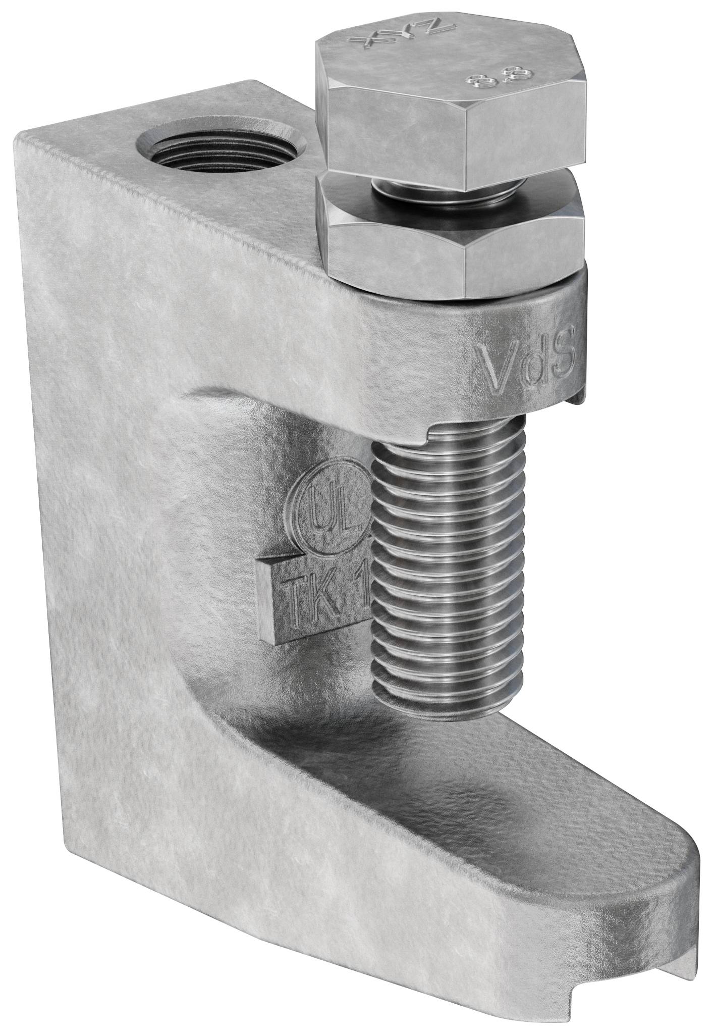 Close-up van een metalen aardingsklem met een draadedbout en zeskantmoer, gebruikt om een draad of geleider op een metalen oppervlak vast te zetten.