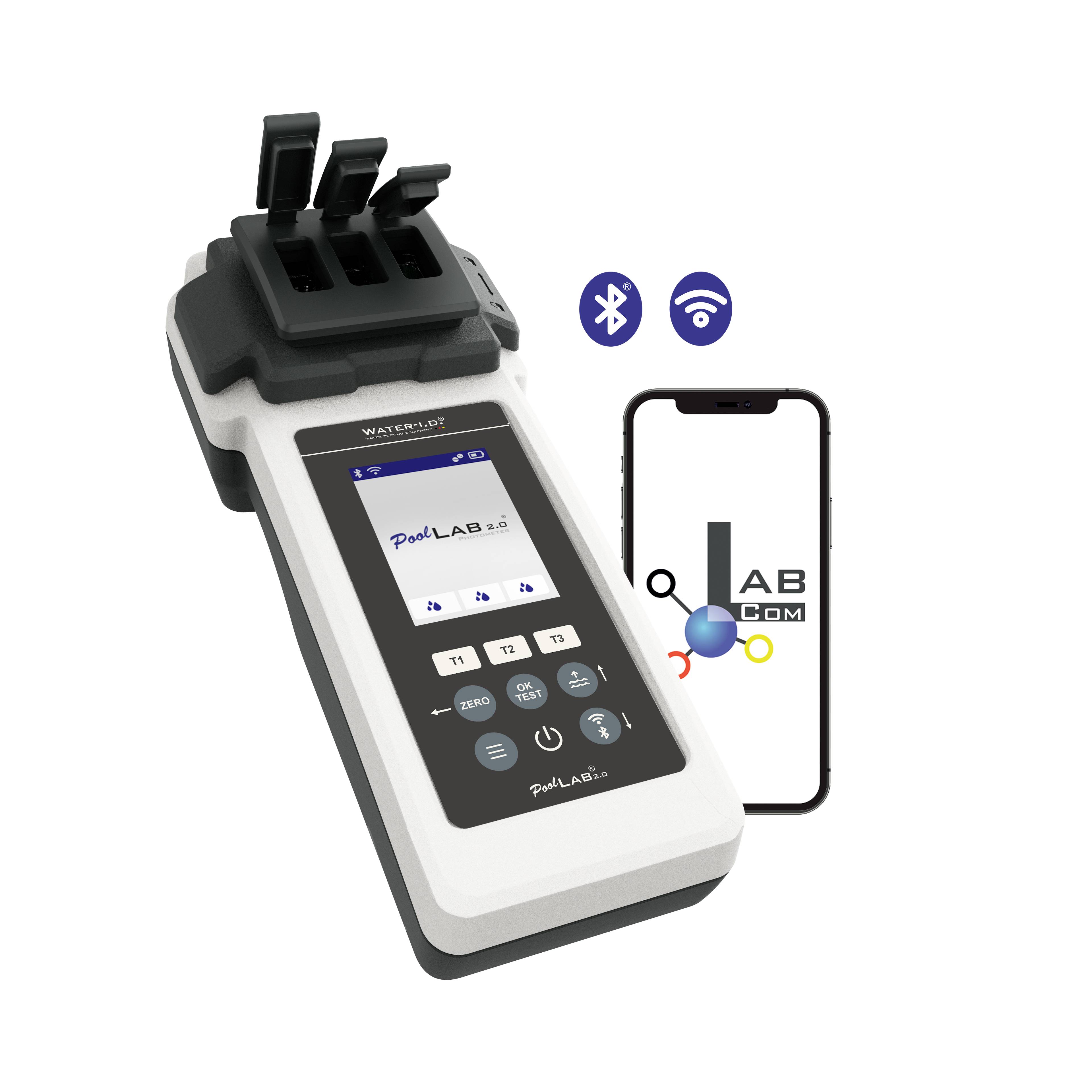 Draagbaar elektronisch apparaat met display en meerdere aansluitingen, verbonden via Bluetooth met een smartphone.
