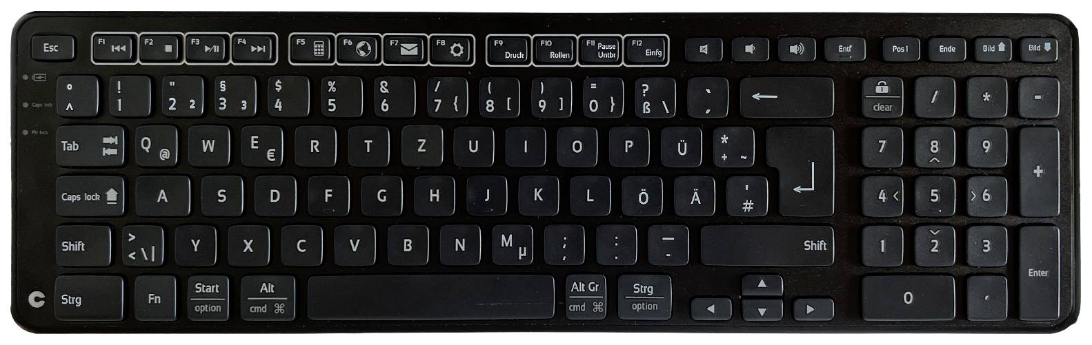 Zwarte computertoetsenbord in Duits QWERTZ-indeling, met labels op de toetsen voor letters, cijfers en speciale functies.