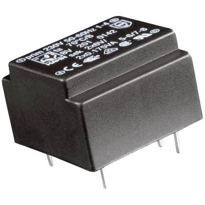 Rechthoekige zwarte transformator met witte technische specificaties gedrukt, toont spanningsgegevens voor elektronische apparaten.