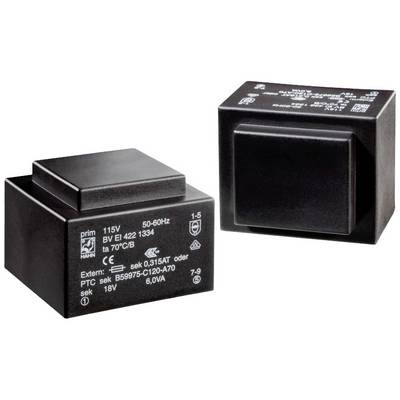 Twee zwarte elektronische componenten met technische specificaties in witte letters, zoals spanning 115V en 18V, van het merk HAHN.