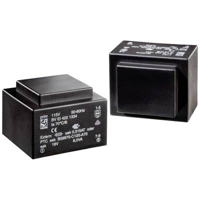 Twee zwarte transformatoren met technische markering voor elektrische toepassingen, primaire spanning 115V, 50-60Hz, secundair 18V.