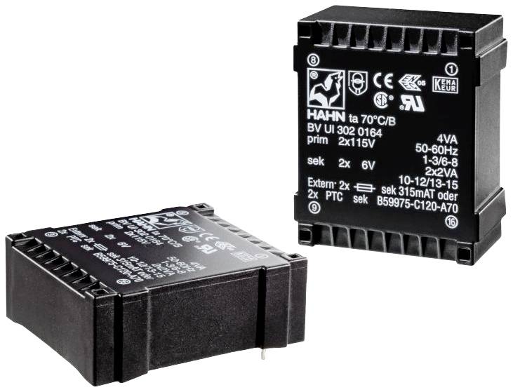 Zwarte elektronische componenten met witte opschriften. Bovenaan zijn specificaties en technische symbolen zichtbaar.