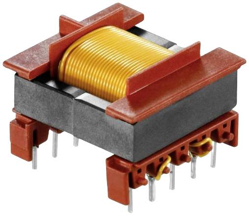 Elektronische transformator met kopergewikkelde spoel, rechthoekige vorm en meerdere aansluitingen, op een witte ondergrond.