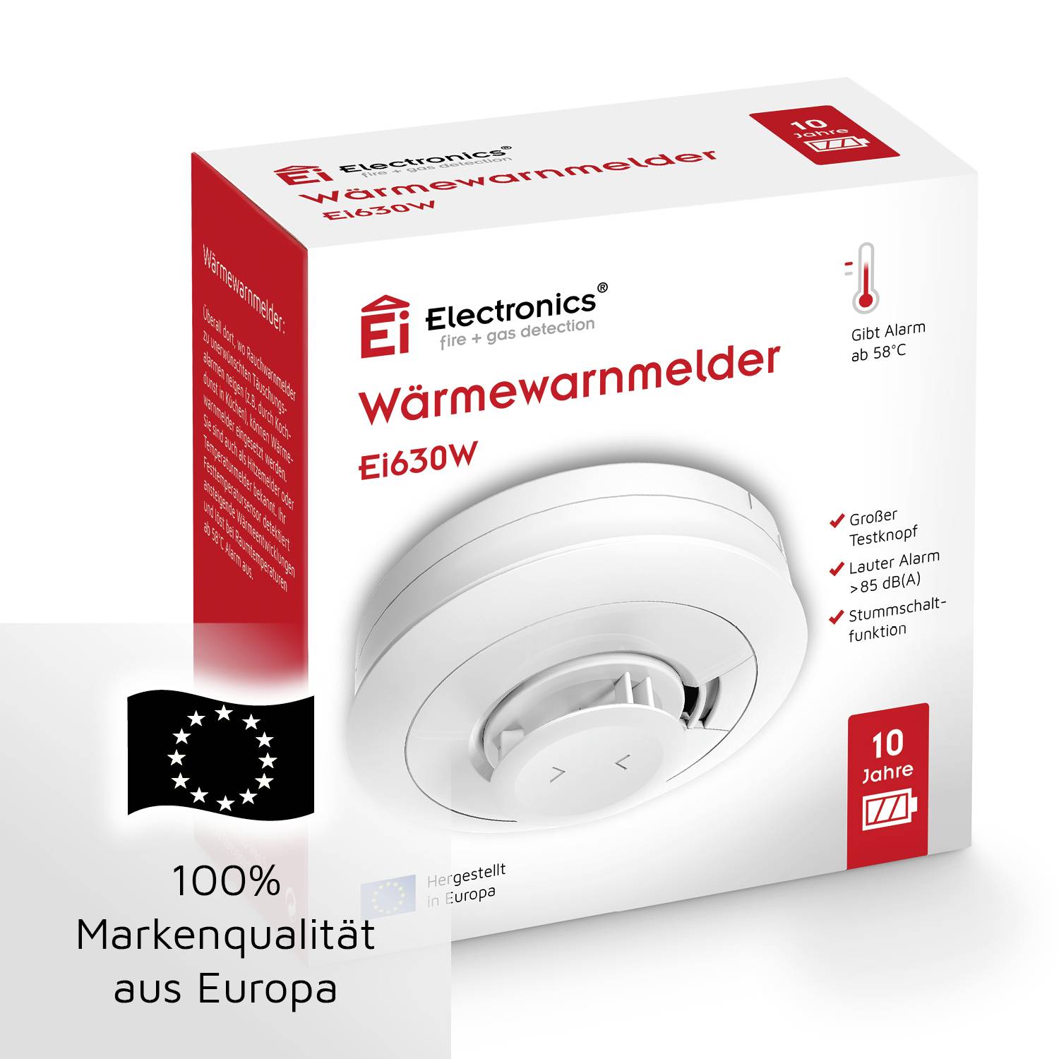 'Elektronische warmtemelder Ei630W' in een verpakking. Kenmerken: grote testknop, 10 jaar batterij, luid alarm.