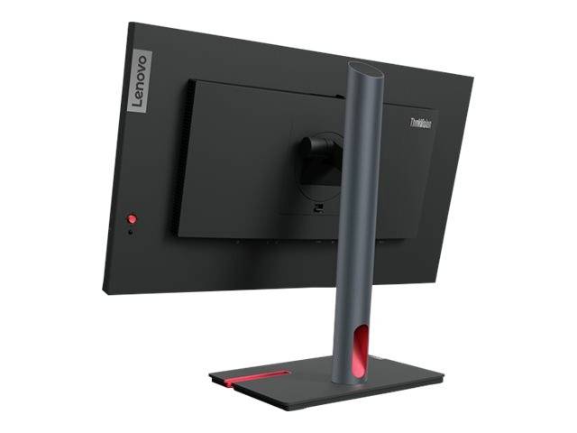 Een zwarte Lenovo-monitor van achteren met een rode standaard, waarbij geen zichtbare inhoud op het scherm wordt weergegeven.