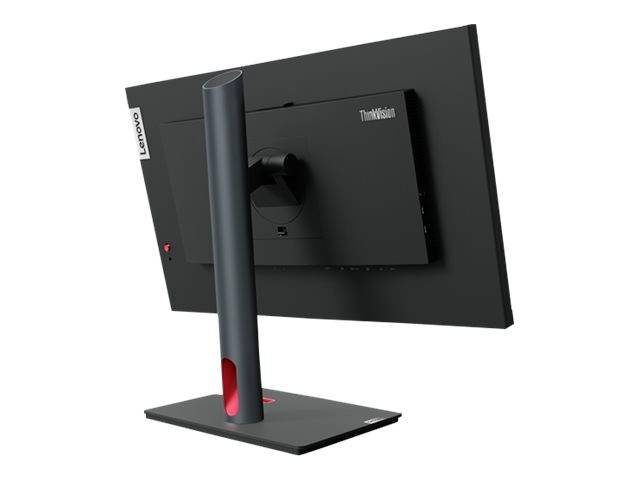 Een zwarte Lenovo-ThinkVision-monitor gezien van achteren, gemonteerd op een standaard, toont een minimalistische, moderne stijl.