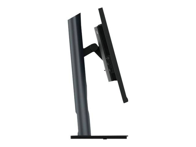 Een zijaanzicht van een monitor die is gemonteerd op een verstelbare standaard, toont de mogelijkheid tot hoogte- en hoekinstelling.