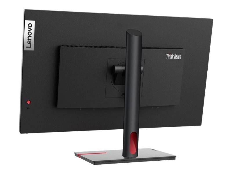 Een zwarte Lenovo ThinkVision monitor van achteren, toont het slanke ontwerp en het stabiele standaard met rode accenten.