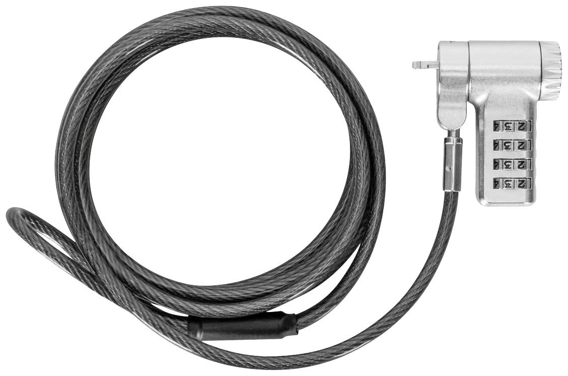 Een kabelslot met cijferslot, geschikt voor het beveiligen van laptops of andere apparaten. Het slot heeft vier cijfers.