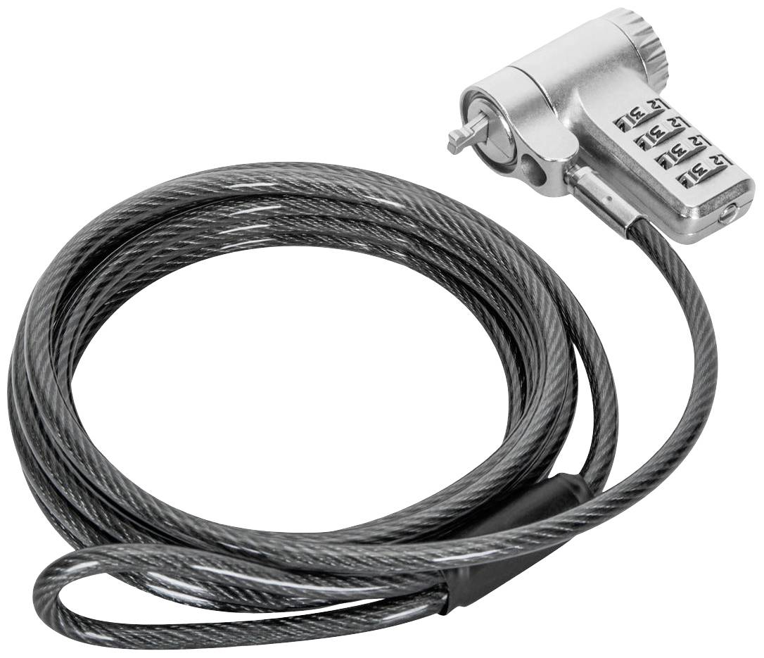 Een zilverkleurig cijferslot met een zwart kabel, dat wordt gebruikt om laptops tegen diefstal te beveiligen.