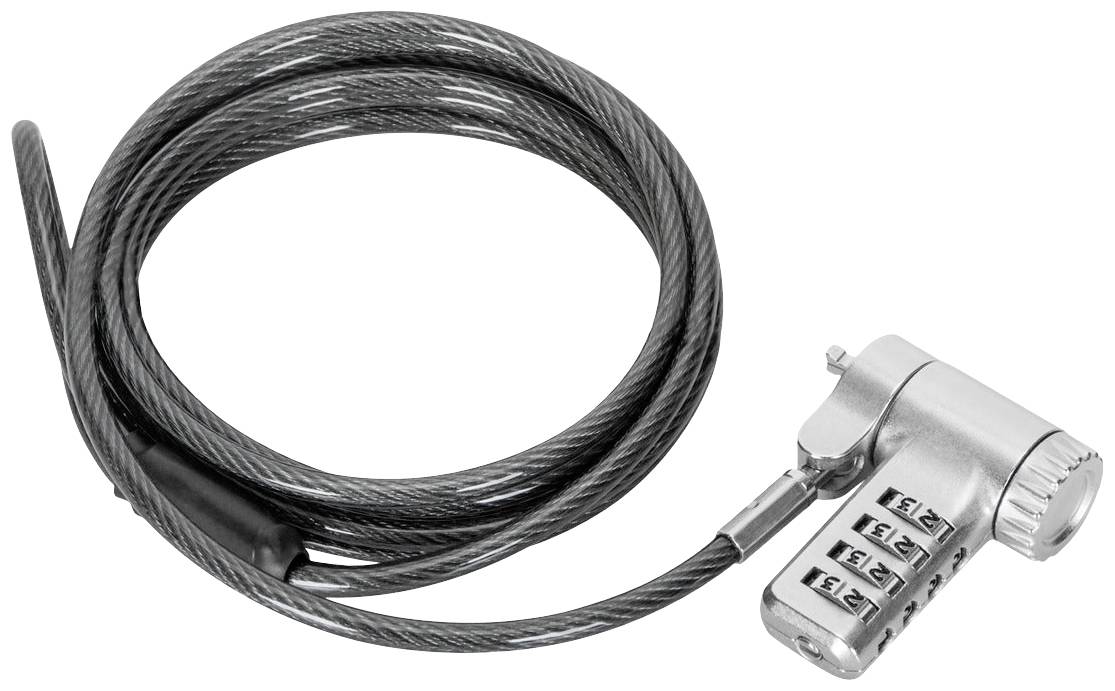 Een veiligheidsslot met nummercode en staalkabel, geschikt voor het beveiligen van laptops of fietsen.